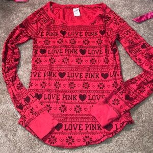 Victoria’s Secret PINK Black & Red Scoopneck Thermal Long Sleeve Top